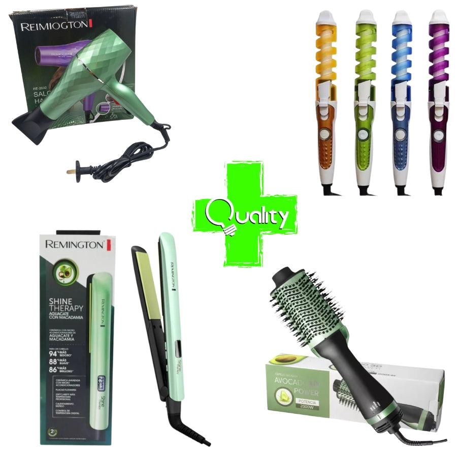 KIT PRO ESTILO COMPLETO: CEPILLO, ONDULADOR, SECADOR Y PLANCHA AGUACATE